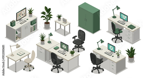 Modern office workspace set with desks, plants, and chairs in isometric style