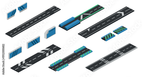Isometric road elements with traffic signs and pavement