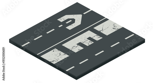 Isometric urban asphalt road with turn sign and crosswalk on textured surface