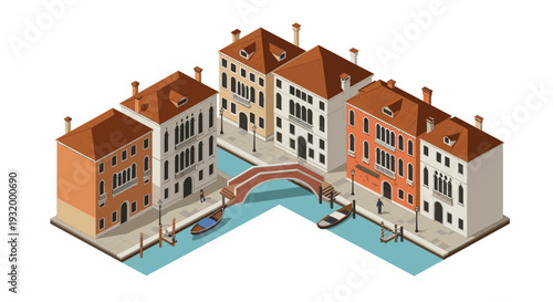 Isometric urban architecture scene with classic canal and bridge