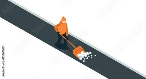 Isometric winter scene of person shoveling snow on a pathway