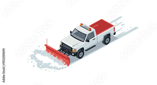 Isometric snow plow truck clearing road with dynamic motion and shadow