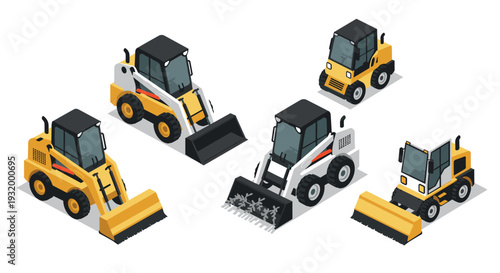 Isometric construction machines set featuring loaders and bulldozers in various colors