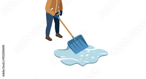Isometric snow shoveling scene with winter clothing and blue snow shovel on icy ground