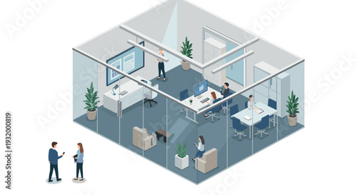 Isometric office workspace design with modern furniture and team collaboration