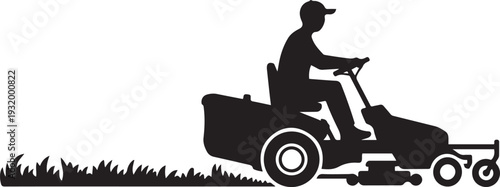 A simple black silhouette depicts a person riding a lawn mower, black art icon drawing vector
