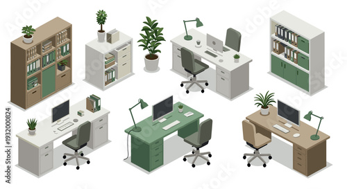 Modern isometric office furniture set with desks, chairs, and plants in neutral tones
