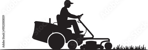 A simple black silhouette depicts a person riding a lawn mower, black art icon drawing vector