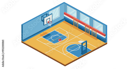 Isometric indoor basketball court with clean design and detailed elements