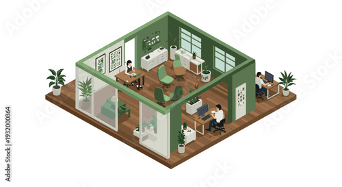 Modern green office space with isometric design showcasing eco-friendly workspace and open layout