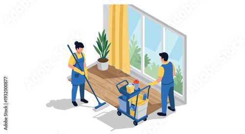 Isometric cleaning service concept with workers and equipment in modern room