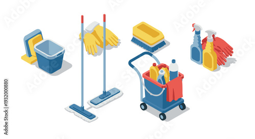 Isometric cleaning supplies with mop and detergent bottles for housekeeping