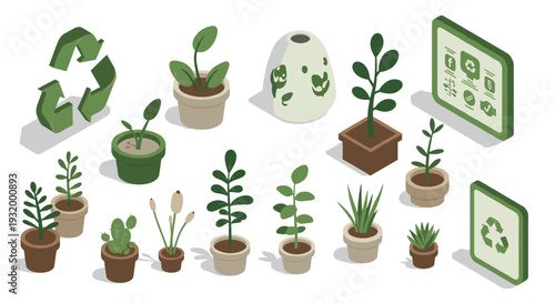 Eco-friendly home gardening elements with isometric potted plants and recycling symbols