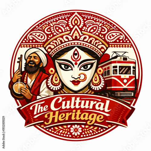 Colorful The Cultural Heritage logo featuring traditional attire, goddess face, and tram, celebrating West Bengal’s vibrant art, music, and cultural diversity rooted in creativity and faith