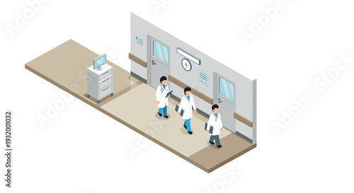 Healthcare professionals walking in hospital corridor isometric design