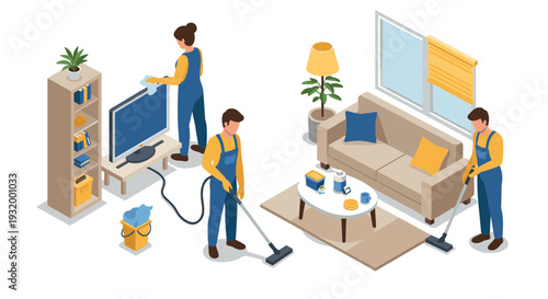 Home cleaning scene with people vacuuming and dusting in modern living room