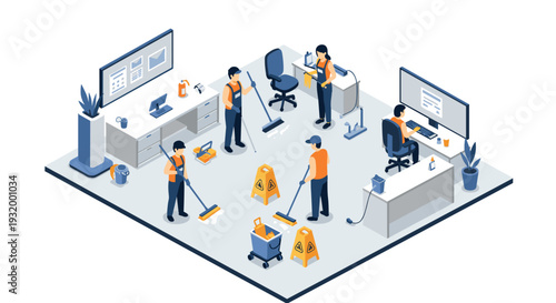 Isometric office cleaning scene with team at work in modern workspace