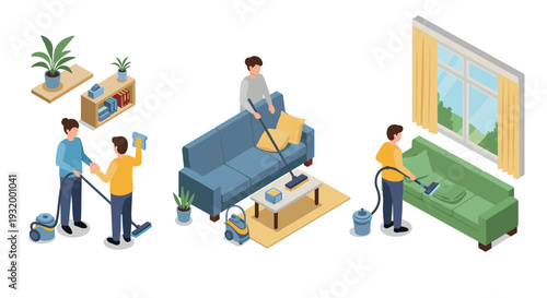 Isometric cleaning activities at home: vacuuming, dusting, and organizing in cozy living room with plants