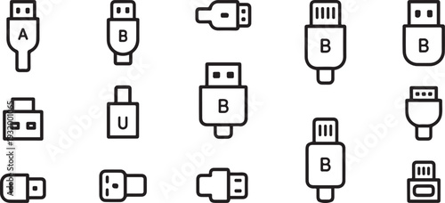 Usb icons set of different vector connectors. A set of icons of pedestrians on different connectors. black art icon drawing vector