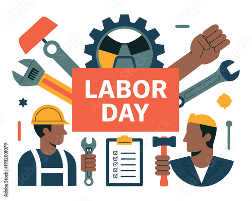 A graphic illustration celebrating Labor Day with workers and tools