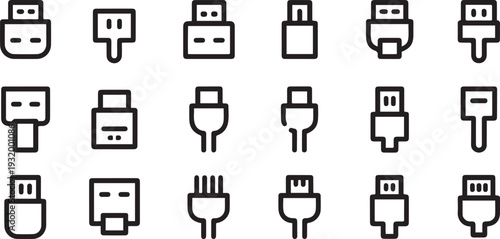 Usb icons set of different vector connectors. A set of icons of pedestrians on different connectors. black art icon drawing vector