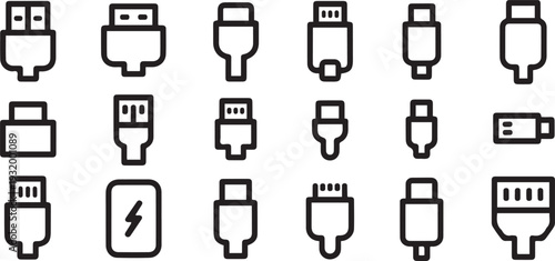 Usb icons set of different vector connectors. A set of icons of pedestrians on different connectors. black art icon drawing vector