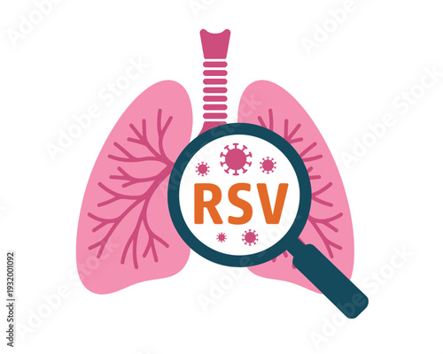 A medical illustration of lungs with a magnifying glass highlighting RSV virus infection