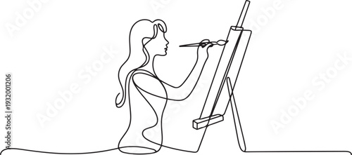 Artist Woman Painting Picture On Canvas Black Line Pencil Drawing Vector. one line art icon drawing vector