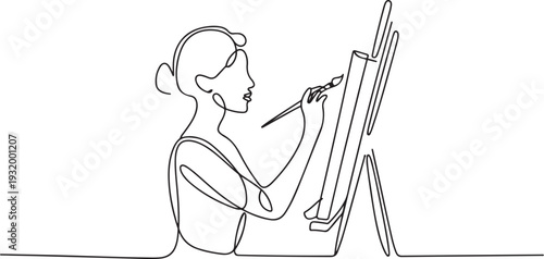 Artist Woman Painting Picture On Canvas Black Line Pencil Drawing Vector. one line art icon drawing vector