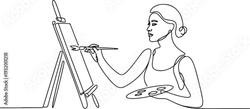 Artist Woman Painting Picture On Canvas Black Line Pencil Drawing Vector. one line art icon drawing vector