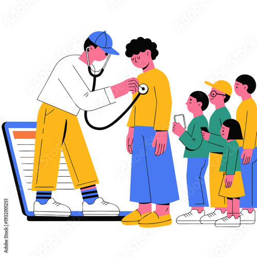 Doctor examining patient with stethoscope while others wait