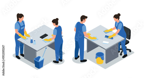Office cleaning team in action: isometric view of workplace sanitization