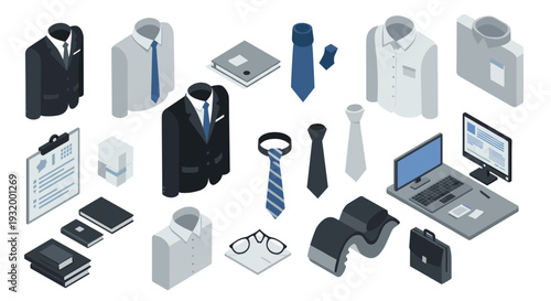Professional office attire and accessories in isometric style for corporate environments