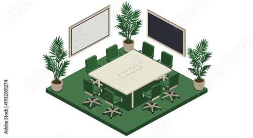 Modern isometric office meeting room with green chairs and indoor plants