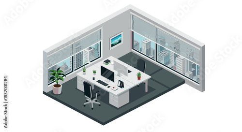 Modern isometric office interior with city view and minimalist design