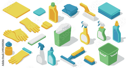 Colorful isometric cleaning supplies in modern design on white background