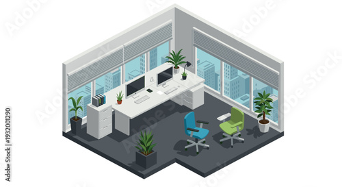 Modern isometric office interior with desks and chairs