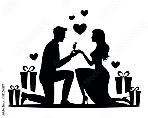 A romantic proposal scene with a man kneeling down to give a ring to his girlfriend surrounded by gifts and hearts