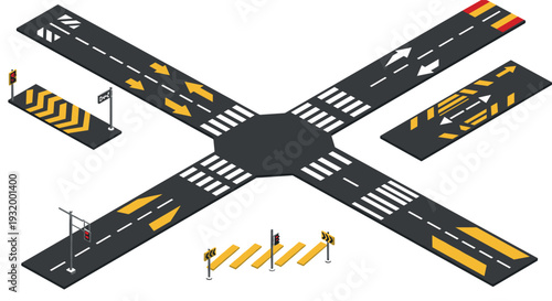Isometric urban road elements with crosswalks, arrows, and traffic signals