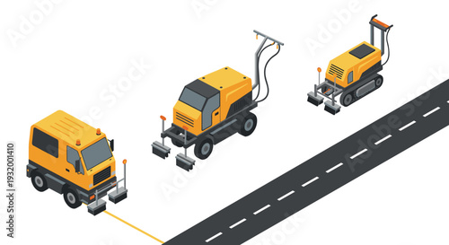 Isometric construction vehicles on roadway with painting and maintenance equipment