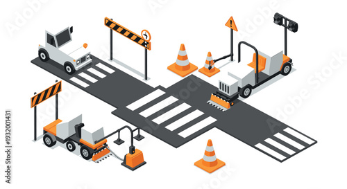 Isometric road construction scene with traffic barriers and vehicles