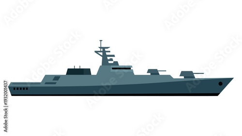 A modern naval warship sailing through calm waters with a sleek design and advanced technology features