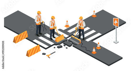 Isometric construction workers repairing road at crosswalk with traffic cones and warning sign