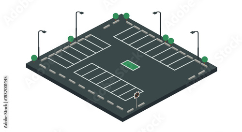 Isometric empty parking lot with streetlights and marked spaces
