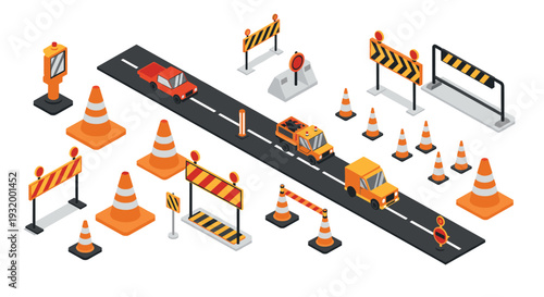 Isometric road construction scene with traffic cones and vehicles for urban planning