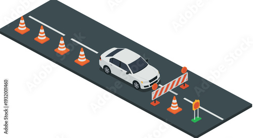 Isometric roadblock scene with car and traffic cones on asphalt