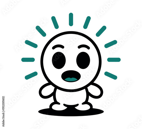 A cartoon character with a surprised expression standing in front of a sunburst