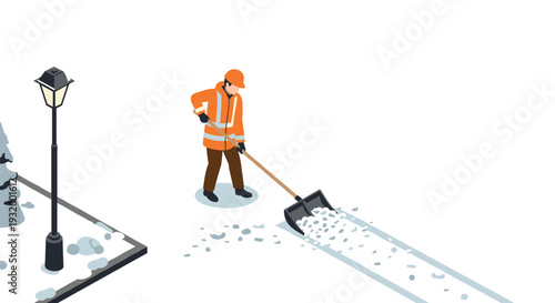 Isometric worker clearing snow in winter urban scene with shovel and street lamp