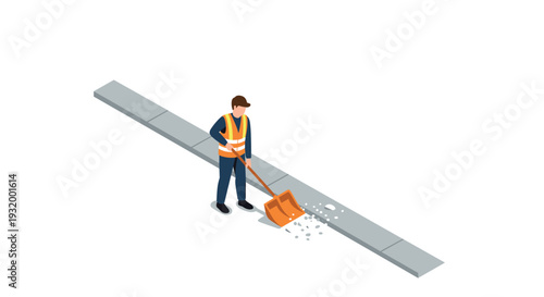 Isometric worker clearing sidewalk snow with orange shovel in winter scene