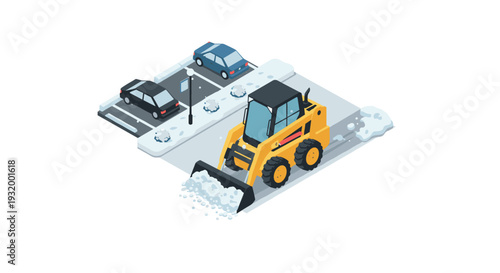 Snowplow cleaning parking lot in winter isometric urban scene